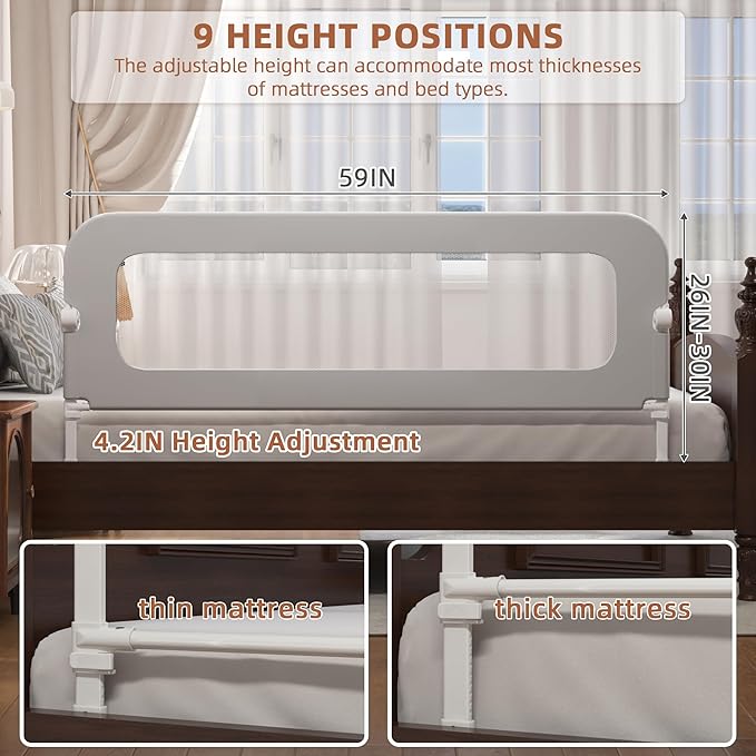 Bed Rail for Toddlers, Baby Bed Rail Guard for Kids, Toddler Bed Rails with Reinforced Anchor Fit, Height Adjustable & Foldable Bed Rail Guard for Twin, Full, Queen & King Beds (Grey, 59IN)