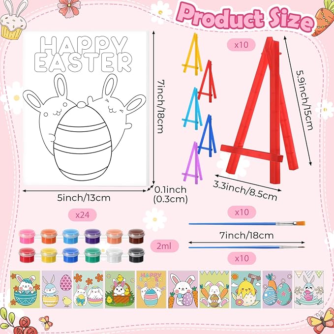 Blosssound 10 Set Pre Printed Canvas Pre Drawn Canvas Painting with Easel Kits 5" x 7" Outline Painting Panels for Beginners, DIY Craft Project, Party Favor, Home Decors(Bunny)