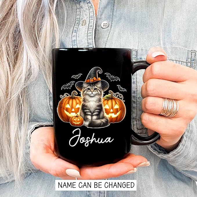 Customized Siberian Wearing Witch Hat Coffee Cup with Name, Personalized Siberian Cat Pumpkins Ceramic Mugs 11oz 15oz, Halloween Cat Cup Gift for Dad Mom Kid, Pet Owner Halloween Black Mug