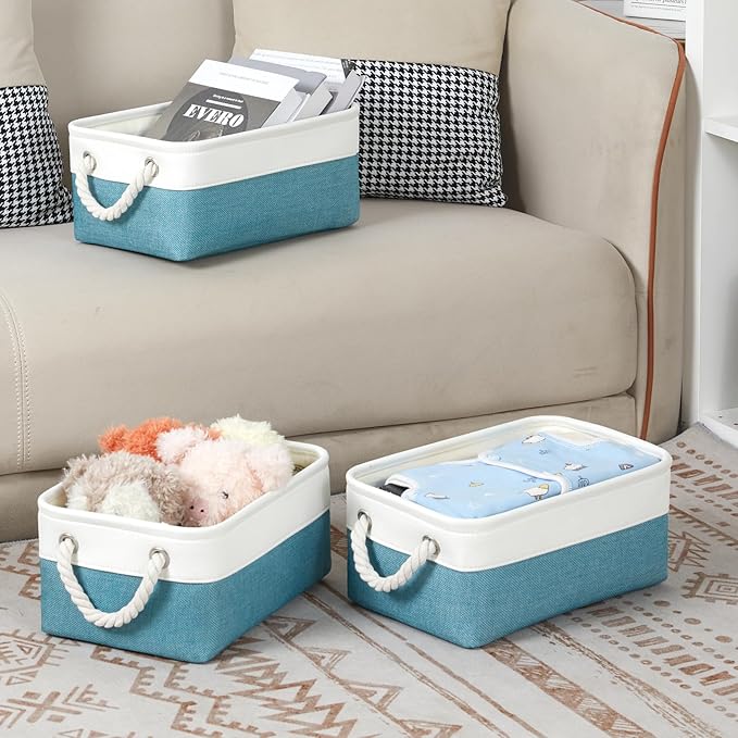 Bidtakay Small Storage Baskets for Shelves 3 Pack Fabric Storage Bins for Organizing Linen Collapsible Organizer for Closet-White&Teal