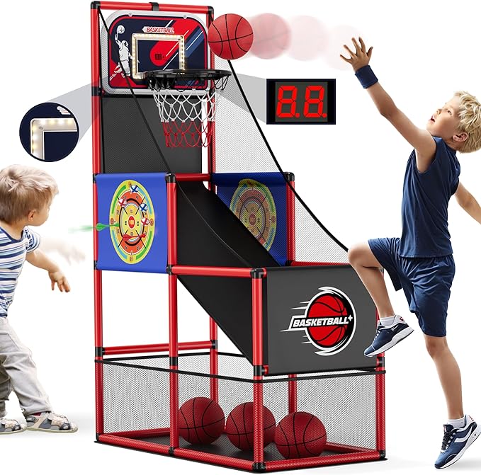 Basketball Arcade Game Indoor Outdoor, Kids Basketball Hoop with 4 Balls & Pump, Single Shot Basketball Game at Home, Carnival Games Sport Toys Gifts for Boys Girls Teens