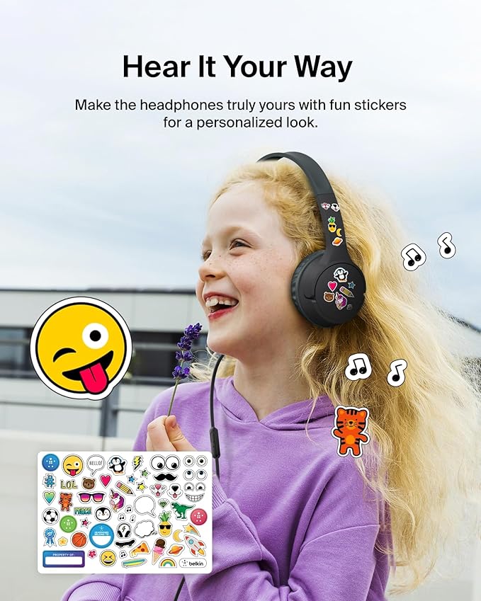 Belkin SoundForm Mini Kids Wired Headphones w/USB C to 3.5mm Dongle, Built-in Mic & Fun Stickers, 85dB Max Volume – for Online Learning, Travel, Compatible w/iPhone 16, iPad, Galaxy S25, etc - Black