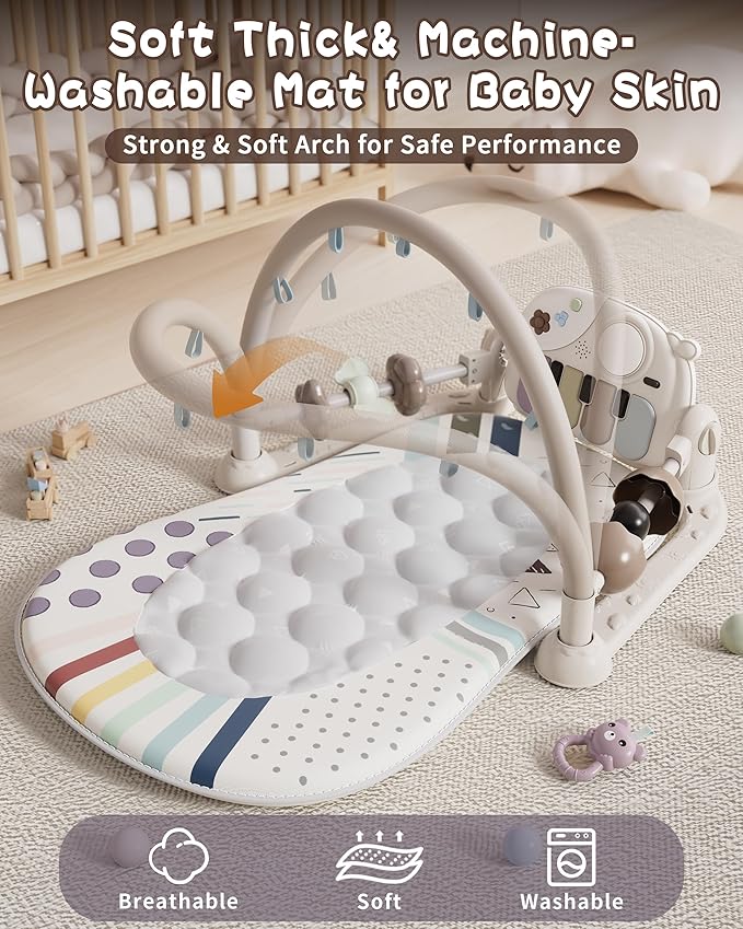 Baby Gym with Kick and Play Piano, Baby Play Mat Tummy Time Activity Gym Mat with 5 Infant Sensory, Music & Lights Boy or Girl for Newborn 0 to 3 6 9 12 Months
