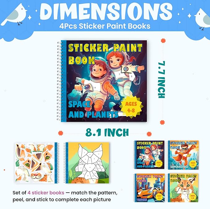 BulbaCraft 4Pcs Sticker Paint Books for Boys - Sticker Books by Number with Superheroes, Trucks, Animals and Space - Coloring Activity for Kids