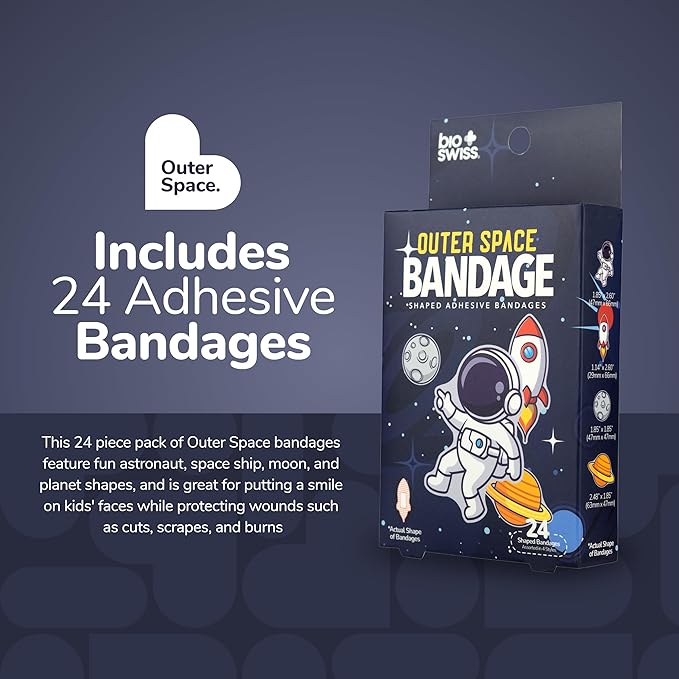BioSwiss Bandages, Outer Space Shaped Self Adhesive Bandage, Latex Free Sterile Wound Care, Fun First Aid Kit Supplies for Kids and Adults, 24 Count