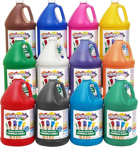 Colorations Paraben-Free Washable Tempera Paint for Kids - Set of 12 Colors, Gallon Value Sizes, Vibrant Poster and Classroom Paint for Creative Projects, Washable, Made in USA, Non-Toxic