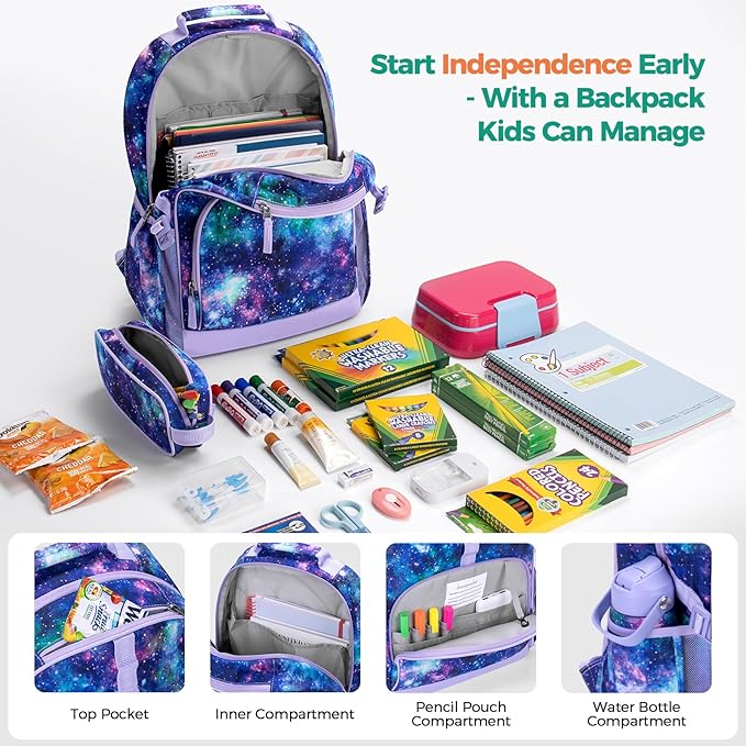 Choco Mocha Unicorn Backpack for Girls, Elementary School Backpack for Girls Ages 6-8 Kids Kindergarten Backpack Large Bookbag 18 Inch with Chest Strap, Purple