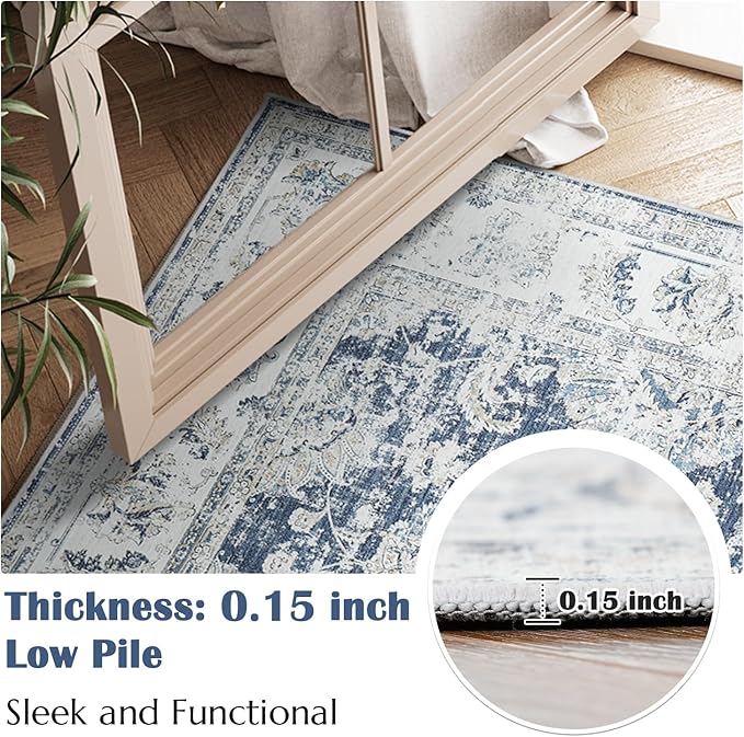 jinchan Vintage Floral 5x7 Area Rugs for Bedroom - Machine Washable Distressed Design Stain Resistant Boho Carpet Ultra-Thin Low Pile Non-Slip Rug for Living Room Dining Room Kitchen (5‘x7',Dark Blue)
