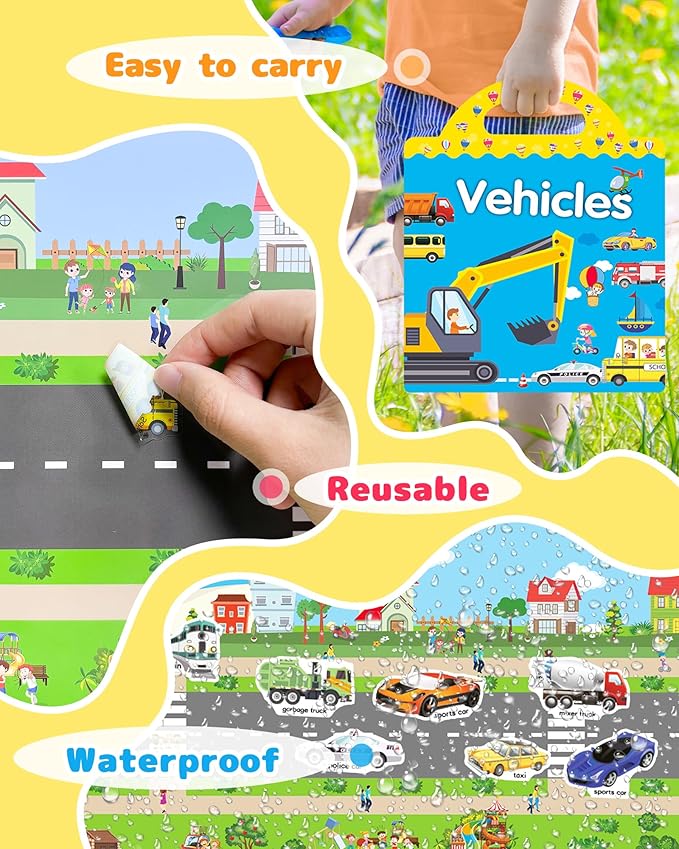 Benresive Reusable Sticker Book for Toddlers 2-4 Years, Fun Travel Stickers for Kids, Waterproof Sticker Books for Toddlers 1-3, Crafts Activities for Todddlers 1-3 2-4 3-5 - Vehicle