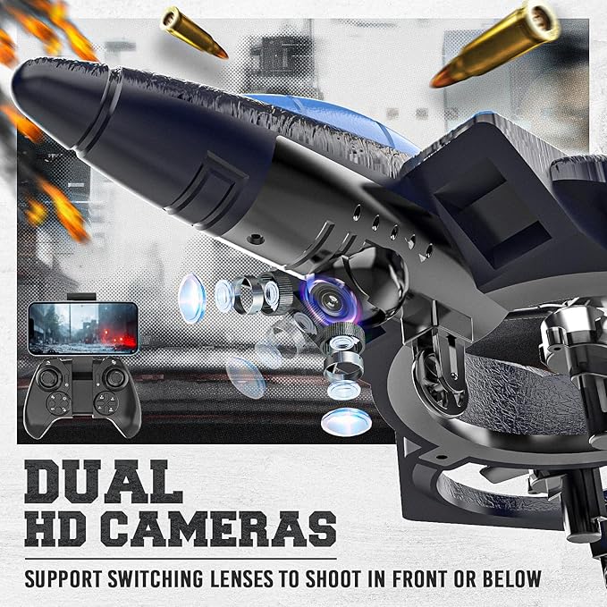 BEZGAR RC Plane for Kids | 2.4GHZ Brushless Drones with Camera, 6-axis Gyro Remote Control Airplane, 360° Flip Fighter Jet Toy, Toys for ages 8-13 with Colorful LED Navigation Lights Blue