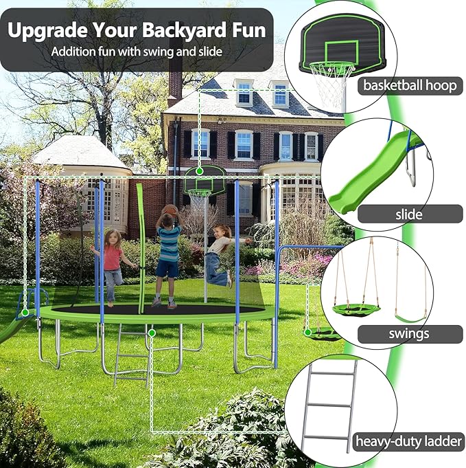 12FT 14FT Trampoline with Slide and Swings, ASTM Approved Outdoor Trampoline with Basketball Hoop and Ladder, Capacity for 5-7 Kids and Adults