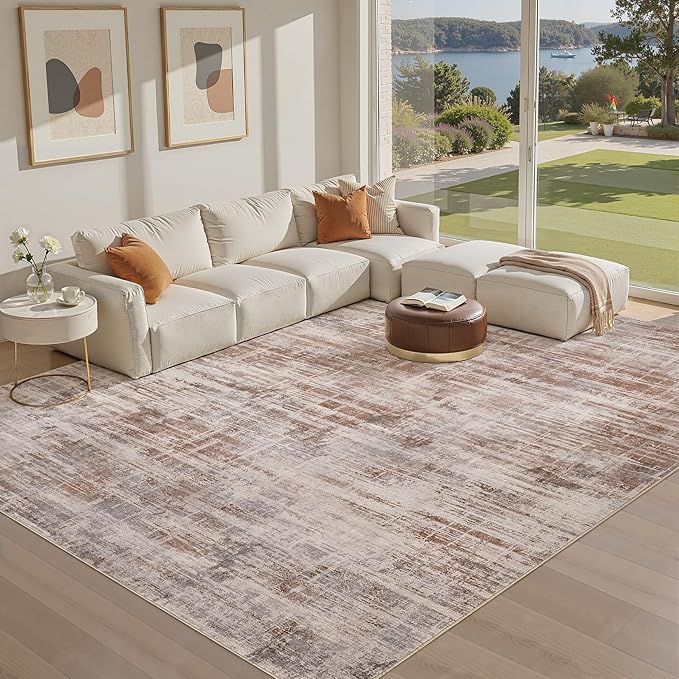 Area Rug for Living Room: 12x15 Washable Neutral Abstract Modern Soft Rugs Non Slip Indoor Floor Stain Resistant Large Carpet for Bedroom Dining Room Office Nursery - Red Brown