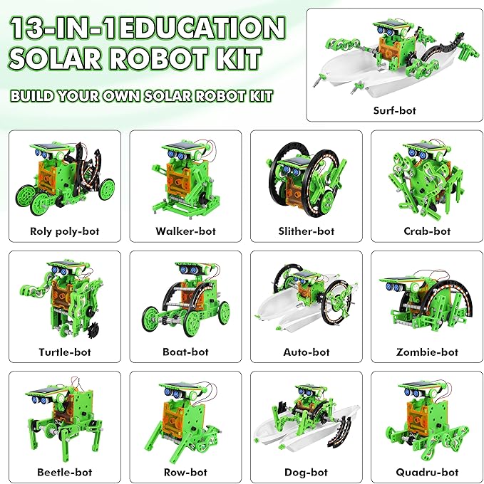 Bottleboom STEM 13-in-1 Education Solar Power Robots Toys for Boys Age 8-12, Educational Toy Science Kits for Kids Experiment Robotics Set Birthday Gifts for 8 9 10 11 12 Years Old-Green