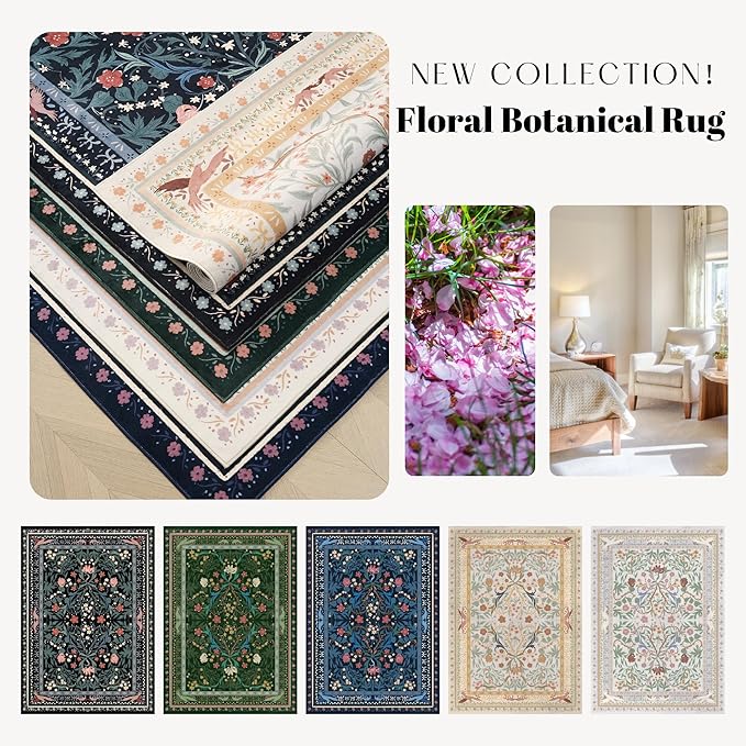 5x7 Washable Rug Vintage Floral Botanical Area Rug Non Slip Low Pile Large Rugs for Living Room, Bedroom, Farmhouse, Dining Room, Kids Playroom, Green
