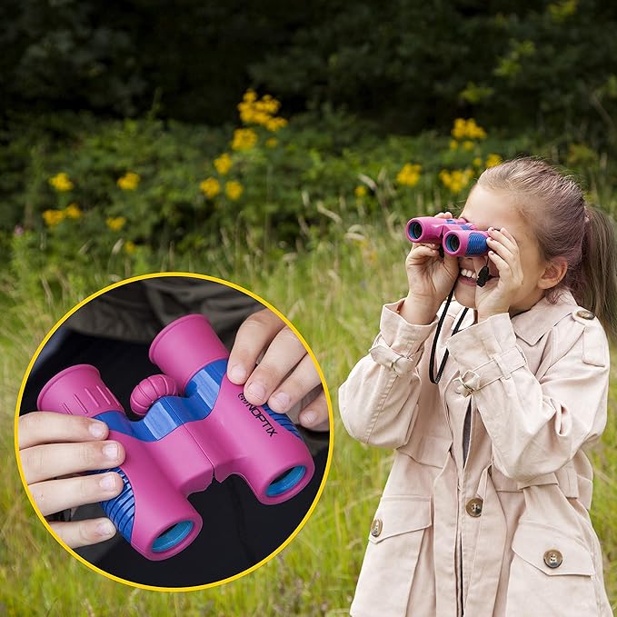 Binoculars for Kids, Girls or Boys Real Kids Binoculars in Vibrant Pink Blue - includes Sticker Book with 40 Bird Species - Kids Toys Small Binoculars, Toddler Binoculars