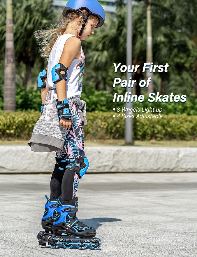 2PM SPORTS Vinal Girls Adjustable Flashing Inline Skates, All Wheels Light Up, Fun Illuminating Skates for Kids Men Adult Women and Boys