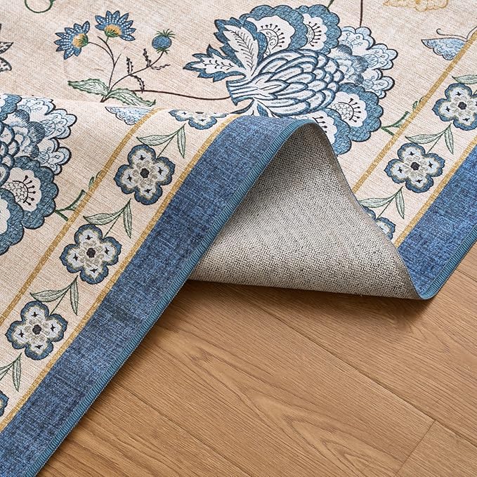 jinchan Floral Corner Rug for Living Room Washable Bedroom Rug Vintage Romance Design Non Slip Quarter Circle Lightweight Low-Pile Throw Carpet for Reading Nook Playroom,7ft Radius, Blue/Beige