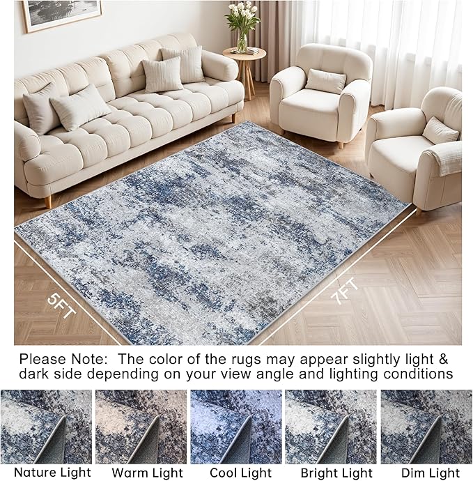 Area Rug Living Room Rugs: 5x7 Abstract Washable Rugs Ultra Soft Carpets with Non-Slip Backing Stain Resistant Carpet for Dining Room Table Bedroom Nursery Indoor Home Office Blue/Gray/Black