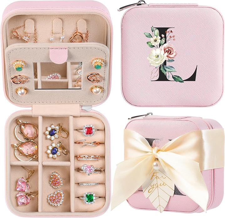 AYGXU Travel Jewelry Box for Women and Girls - Small Case With Initial A-Z - Teacher Gifts