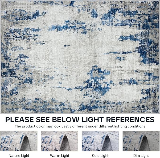 5x7 Area Rugs for Living Room Rug Washable: Modern Rug for Dining Room Bedroom Carpet Non Slip Low Pile 5 by 7 Indoor Abstract Nursery Home Office Blue White