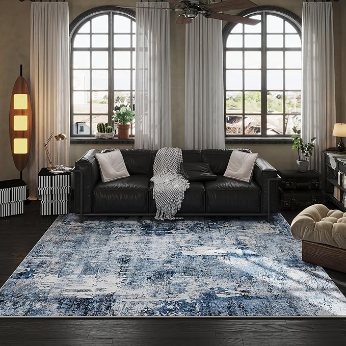 8x10 Rug Washable Boho Rug Soft Large Area Rug Non-Slip Non-Shedding Faux Wool Vintage Rug for Living Room, Farmhouse, Dining Room, Indoor, Kids Playroom, Blue