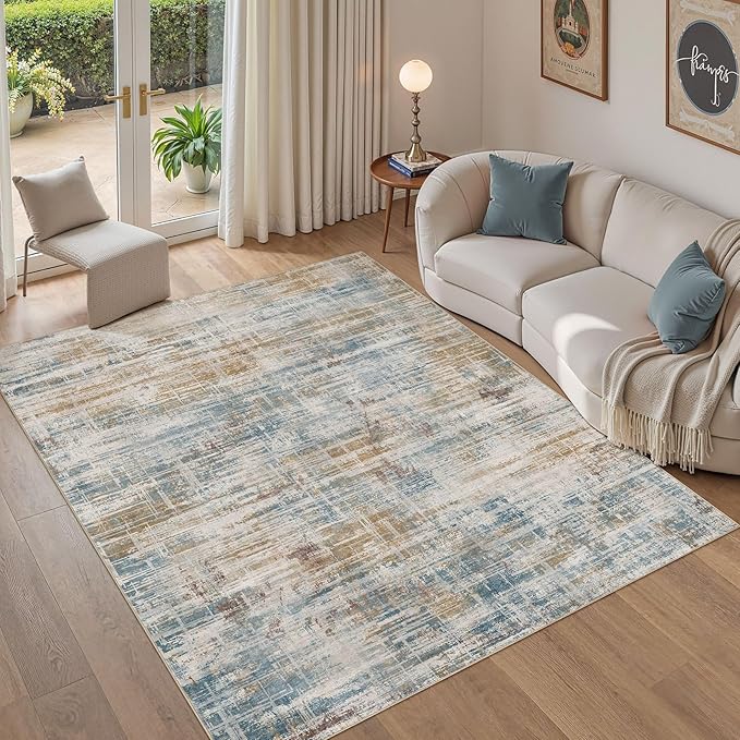 Area Rug for Living Room: 5x7 Washable Neutral Abstract Modern Soft Rugs Non Slip Indoor Floor Stain Resistant Carpet for Bedroom Dining Room Office Nursery - Blue Brown