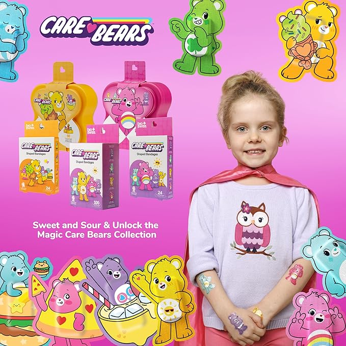 BioSwiss Care Bears Bandages, Unlock The Magic Care Bear Shaped Self Adhesive Bandage, Latex Free Sterile Wound Care, Fun First Aid Kit Supplies for Kids, 24 Count