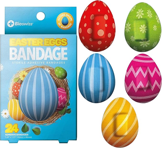 BioSwiss Bandages, Easter Egg Shaped Self Adhesive Bandage, Latex Free Sterile Wound Care, Fun First Aid Kit Supplies for Kids, 24 Count