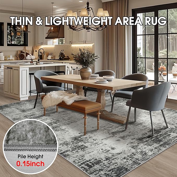 Area Rug 9x12 Washable Rugs: Abstract Large Living Room Rugs with Non-Slip Backing, Stain Resistant Indoor Floor Carpet for Bedroom Dining Room Table Nursery Hallway Home Office-Black/Gray