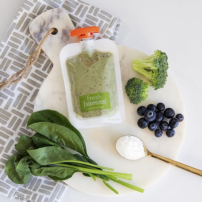 Infantino Squeeze Station, Baby Food Maker & Pouch Filler, Fill 3 Reusable Pouches at Once, Easy to Use, Dishwasher Safe, Homemade Baby Food Prep Essential, Purple