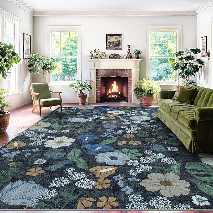 Area Rug Living Room Rugs: 5x7 Washable Rug Vintage Floral Soft Boho Non Slip Carpet Indoor Floor Non Shedding Low Pile Thin Carpets for Bedroom Dining Room Farmhouse Nursery Home Office Blue