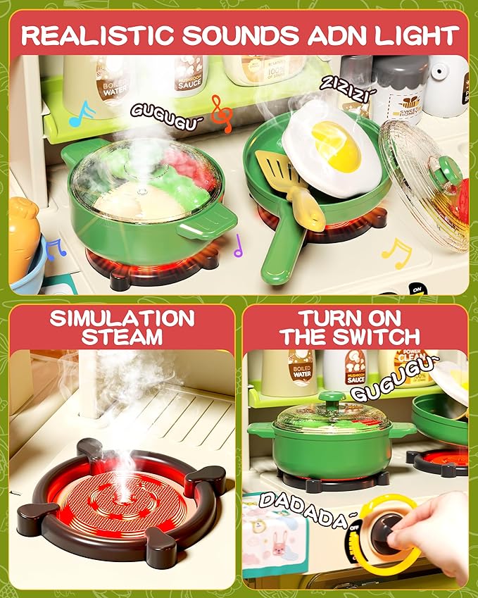 33.8IN Kids Kitchen Playset, 70PCS Kid Play Kitchen with Realistic Lights & Sounds, Spray Sink Toy Kitchen Accessories, Pretend Food Toys Kitchen for Boys Girls Toddlers(Green)