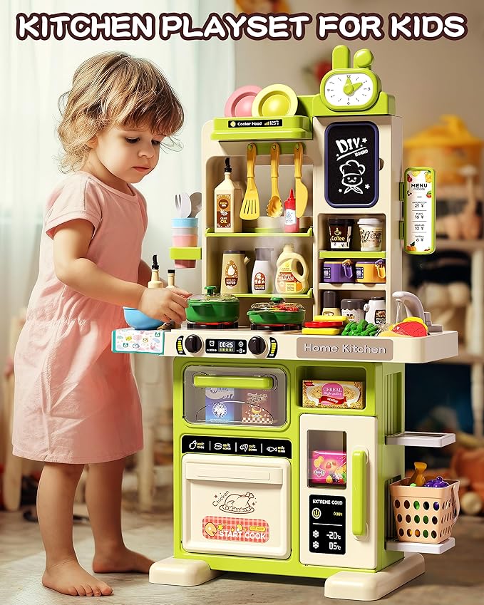 33.8IN Kids Kitchen Playset, 70PCS Kid Play Kitchen with Realistic Lights & Sounds, Spray Sink Toy Kitchen Accessories, Pretend Food Toys Kitchen for Boys Girls Toddlers(Green)