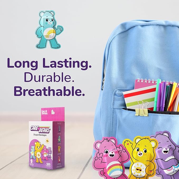 BioSwiss Care Bears Bandages, Unlock The Magic Care Bear Shaped Self Adhesive Bandage, Latex Free Sterile Wound Care, Fun First Aid Kit Supplies for Kids, 100 Count