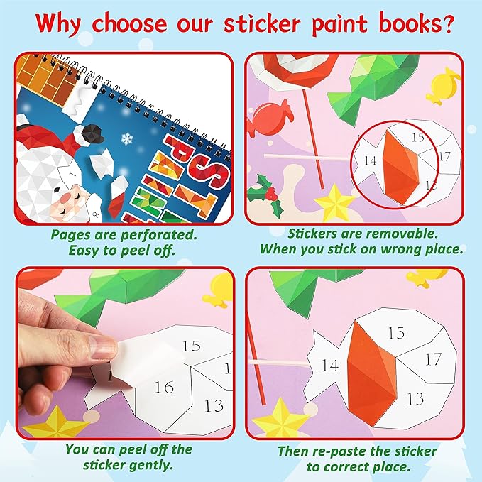 90shine 4PCS Christmas Crafts for Kids Ages 4-8 Sticker Paint Books - Includes Santa Clause Snowman Elf Gnome and More Designs Gift Party Create 40 Pictures