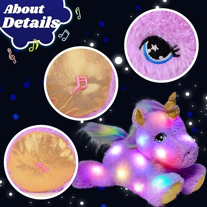 Cuteoy Glowing LED Light-up Purple Unicorn Nightlight Toys Musical Plush Stuffed Animal Singing Lullabies Birthday Christmas Plushies Gifts for Kids Boys Girls,13"