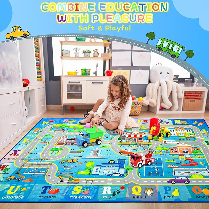 Chicrug 5x8 Car Road Area Rug for Kids Playroom Bedroom, Non Slip Low Pile Washable ABC Alphabet Carpet for Classroom, City Track Play Mat for Toddler Children Nursery Baby Room Decor, Blue