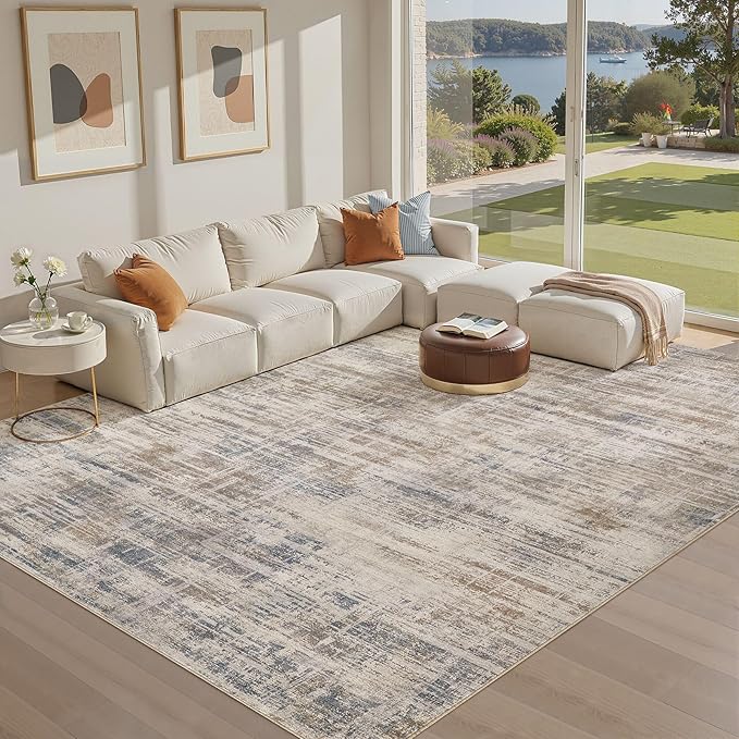 Area Rug for Living Room: 10x14 Washable Neutral Abstract Modern Soft Rugs Non Slip Indoor Floor Stain Resistant Large Carpet for Bedroom Dining Room Office Nursery - Brown