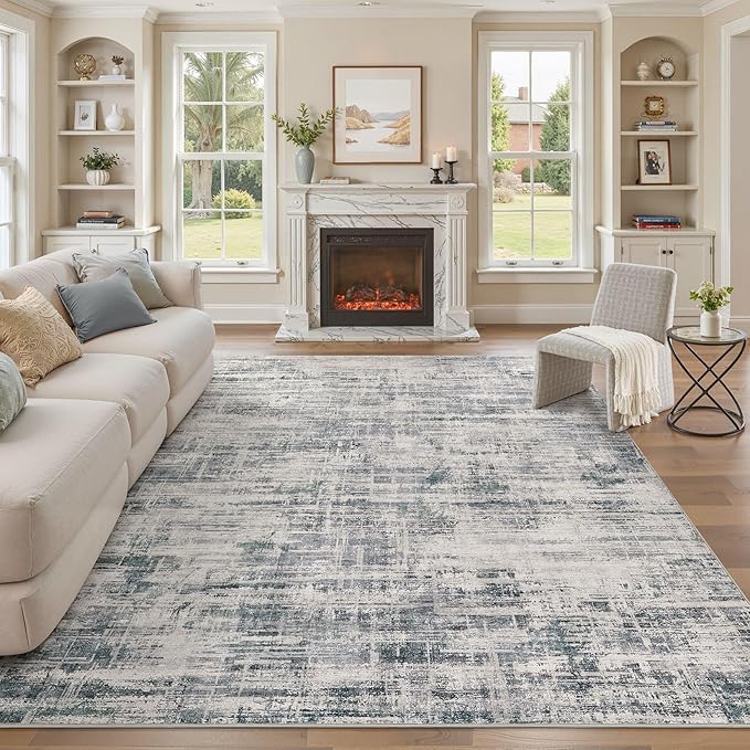 Area Rug for Living Room: 9x12 Washable Neutral Abstract Modern Soft Rugs Non Slip Indoor Floor Stain Resistant Large Carpet for Bedroom Dining Room Office Nursery - Gray
