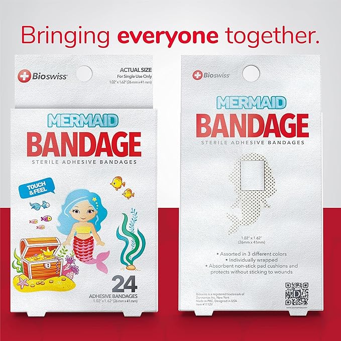 BioSwiss Bandages, Mermaid Shaped Self Adhesive Bandage, Latex Free Sterile Wound Care, Fun First Aid Kit Supplies for Kids, 24 Count