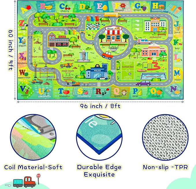 Chicrug 5x8 Car Road Area Rug for Kids Playroom Bedroom, Non Slip Low Pile Washable ABC Alphabet Carpet for Classroom, City Track Play Mat for Toddler Children Nursery Baby Room Decor, Green