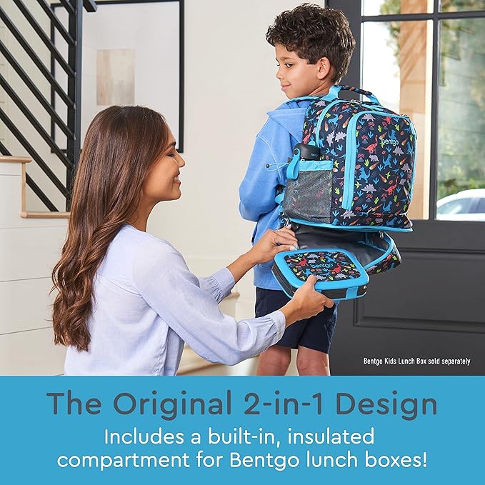 Bentgo Kids 2-in-1 Backpack & Insulated Lunch Bag - Durable 16” Backpack & Lunch Container in Unique Prints for School & Travel - Water Resistant, Padded & Large Compartments (Dinosaur)