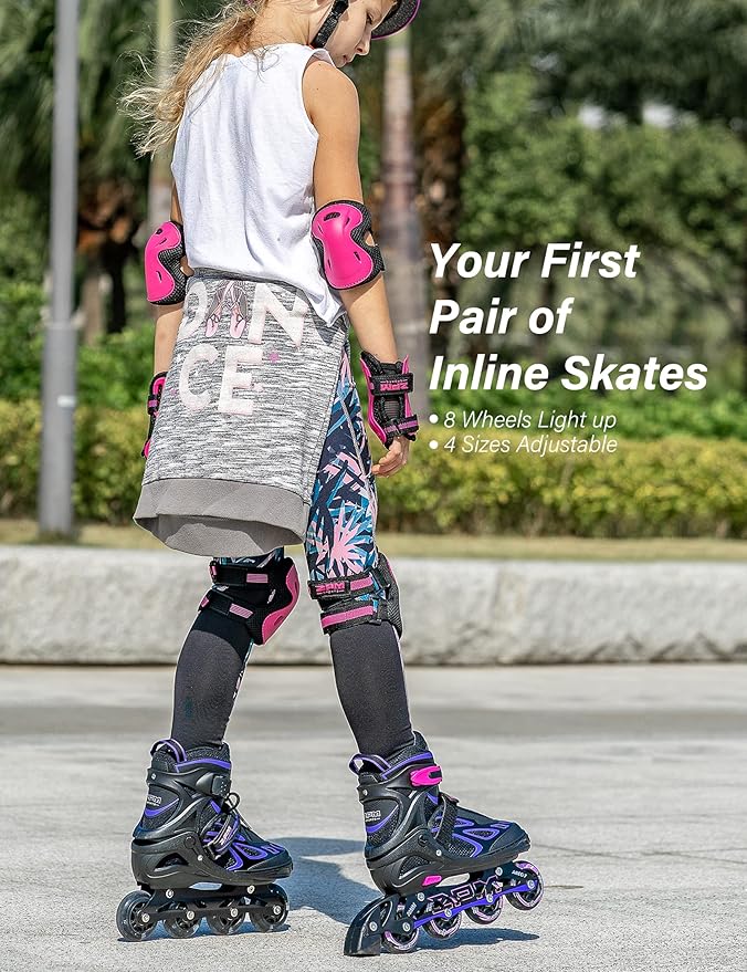 2PM SPORTS Vinal Girls Adjustable Flashing Inline Skates, All Wheels Light Up, Fun Illuminating Skates for Kids Men Adult Women and Boys