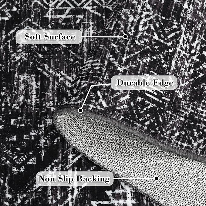 COZYLOOM Black Rug for Living Room 8x10 Washable Area Rugs Modern Abstract Floor Cover Non Slip Stain Resistant Geometric Mats Soft Throw Carpet for Nursery Bedroom Dining Room