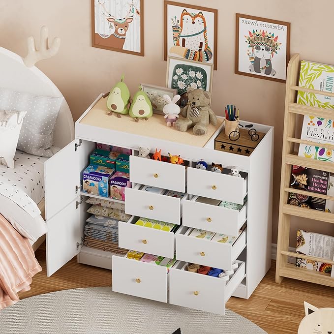 Changing Table Dresser with Drawers,Modern Baby Dresser with Changing Table Top for Nursery,Diaper Changing Station Organizer for Infants Newborn,White