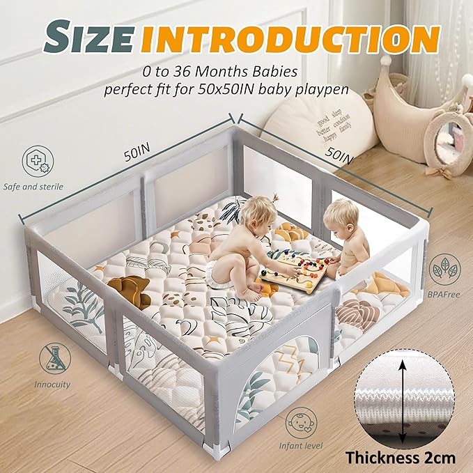 Baby Play Mats for Floor, 50x50 Playpen Mat for Babies, Extra Thicker & Soft Floor Crawling Mat, Foldable Non-Slip Playmat Cushioned for Infants Toddlers, Boho Leaf Style