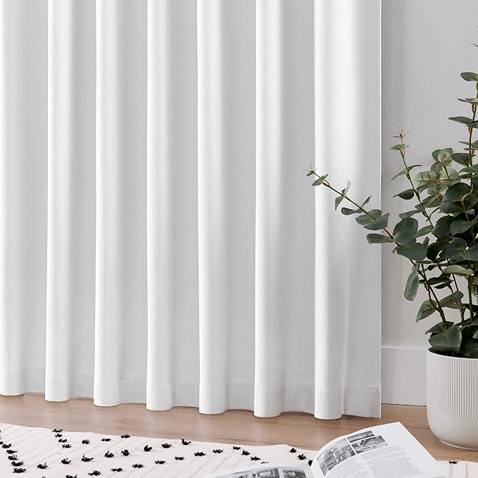 Joydeco Faux Linen Blackout Curtains for Bedroom,White Blackout Curtains 90 inches Long,100% Blackout Solid Thermal Insulated Window Drapes Luxury Decor for Living Room（W52xL90 Inch,White）