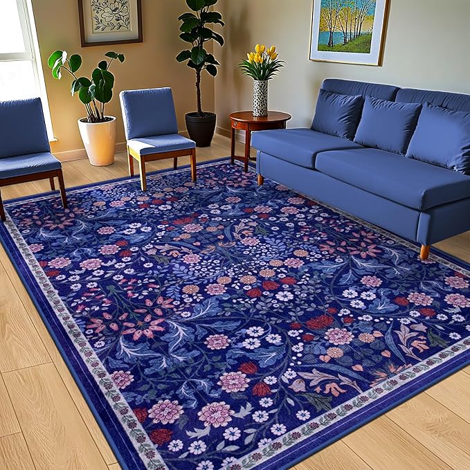 Area Rugs 9x12 Living Room: Floral Washable Rug Vintage Large Soft Boho Non-Slip Carpet Indoor Floor Stain Resistant Low Pile Carpets for Bedroom Dining Room Farmhouse Nursery Home Office Blue