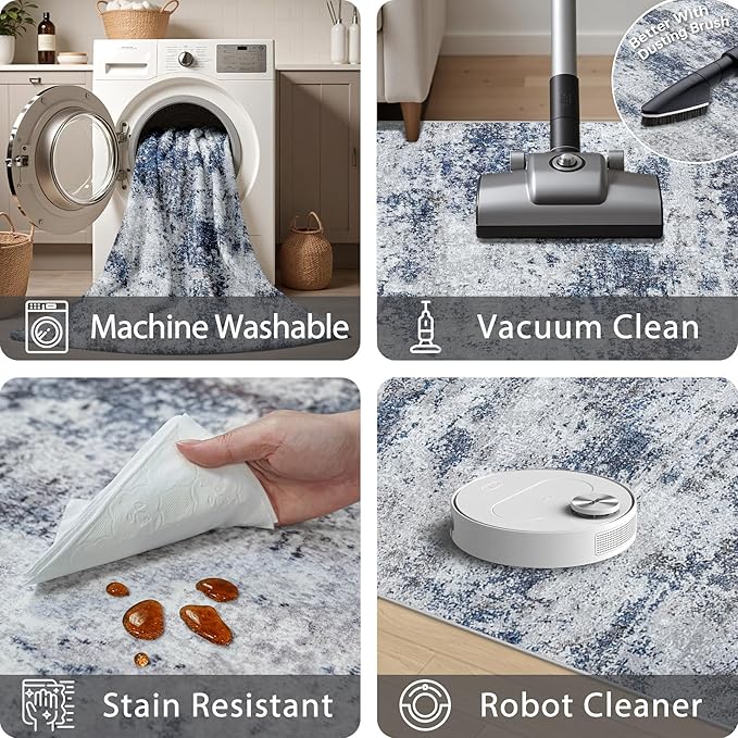 Area Rug Living Room Rugs: 5x7 Abstract Washable Rugs Ultra Soft Carpets with Non-Slip Backing Stain Resistant Carpet for Dining Room Table Bedroom Nursery Indoor Home Office Blue/Gray/Black