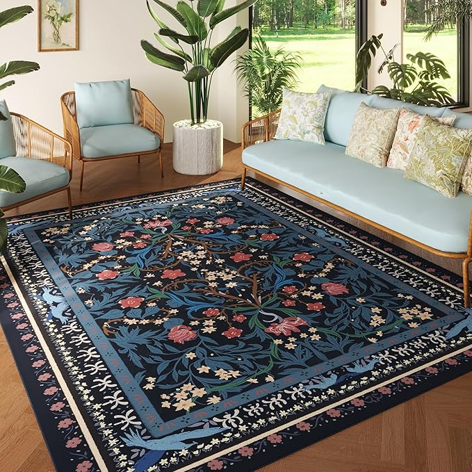 Area Rugs 8x10 for Living Room Clearance Washable Vintage Floral Botanical Rug Non Slip Low Pile Large Rug for Bedroom, Farmhouse, Dining Room, Kids Playroom, Blue